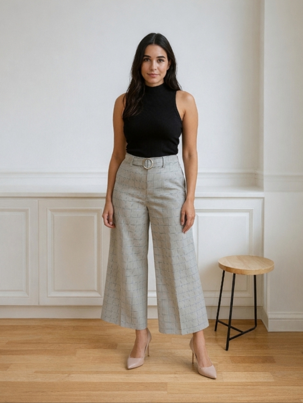 Club Monaco Gray Plaid Wide-Leg Pants with Belt 14
